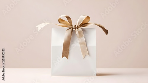 A white paper bag with an open top revealing a gift inside