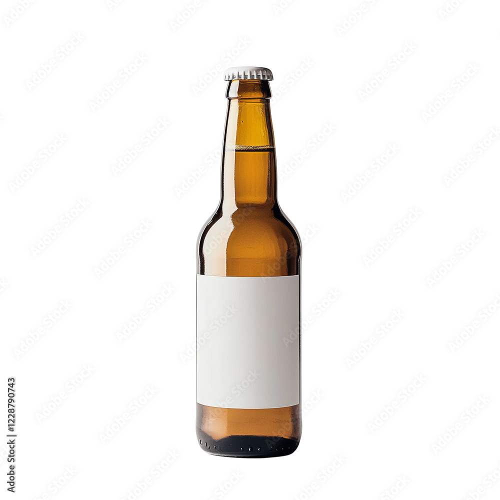A single amber glass beer bottle with a blank white label stands against a black background. A single amber glass beer bottle with a blank white label stands against a black background.
