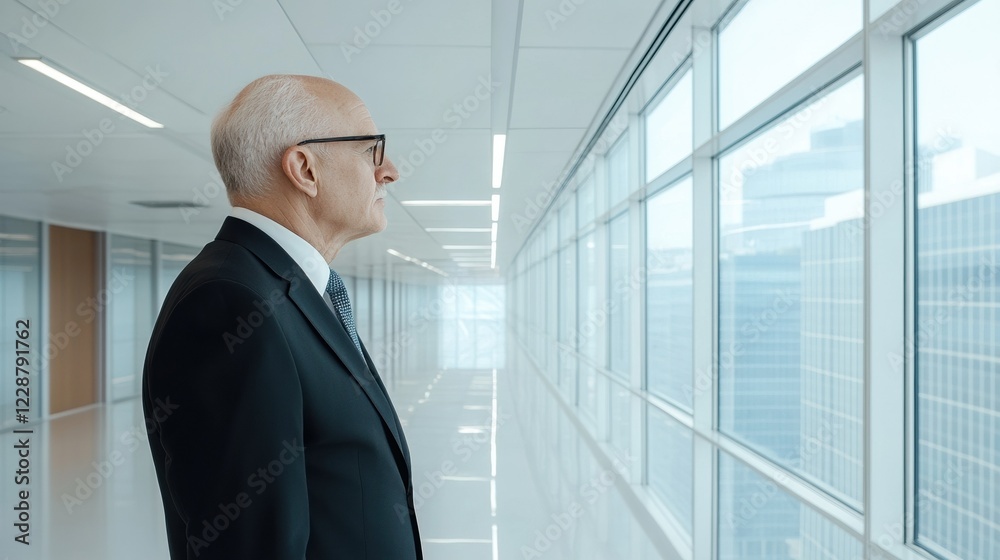 Fototapeta premium A businessman gazes thoughtfully out a large office window in a modern workspace.