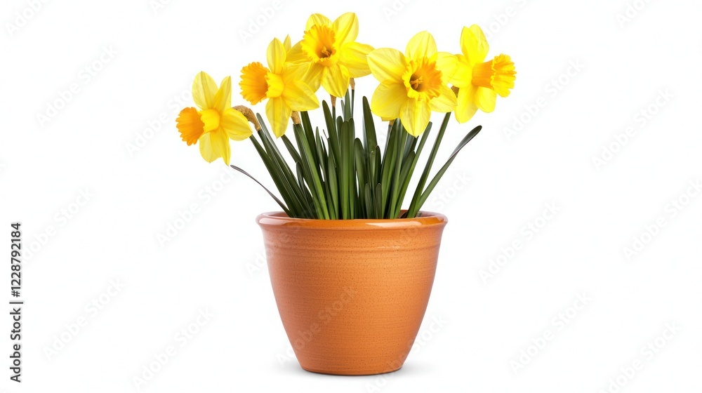 Yellow Daffodils in Terracotta Pot on White Background Yellow Daffodils in Terracotta Pot on White Background
