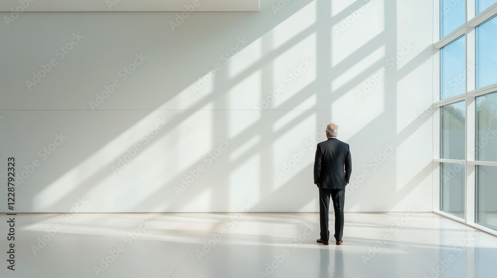 A businessman stands alone in a modern, minimalist office space with natural light. A businessman stands alone in a modern, minimalist office space with natural light.