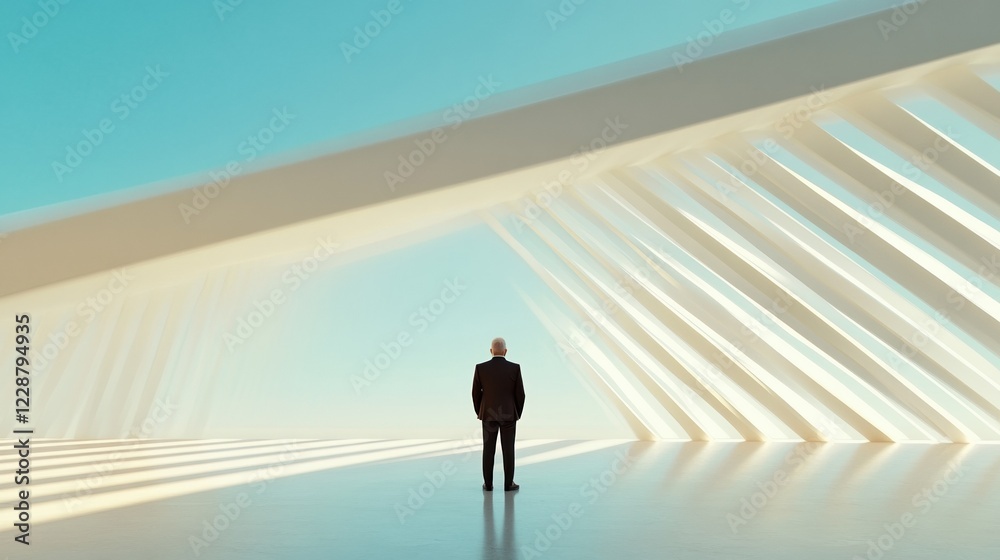 Obraz premium A lone figure stands in a modern architectural space with dynamic lighting and shapes.