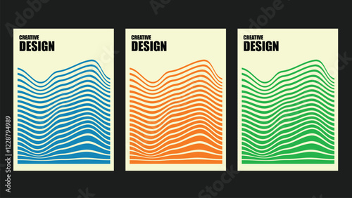 Abstract modern geometric vector Minimalistic Posters. Simple vector abstract liquid stripes background. Funky groovy texture with diagonal waves, fluid shapes, flow.