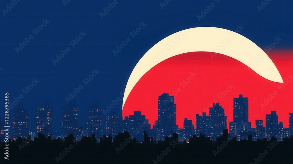Fototapeta premium Silhouetted skyline against a stunning moonlit background.