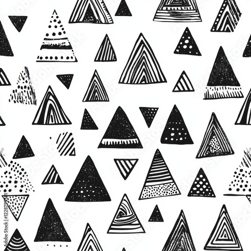 Black and white seamless pattern in doodle style.  Triangle background. Vector illustration. 