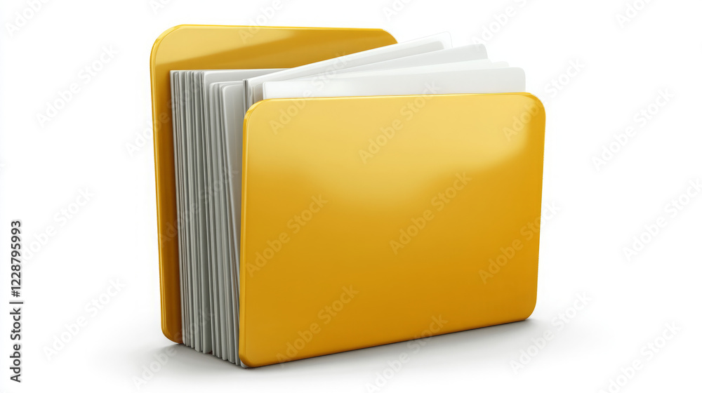 3D realistic yellow file folder icon: digital document storage and management with file organization system for effective information archiving 3D realistic yellow file folder icon: digital document storage and management with file organization system for effective information archiving