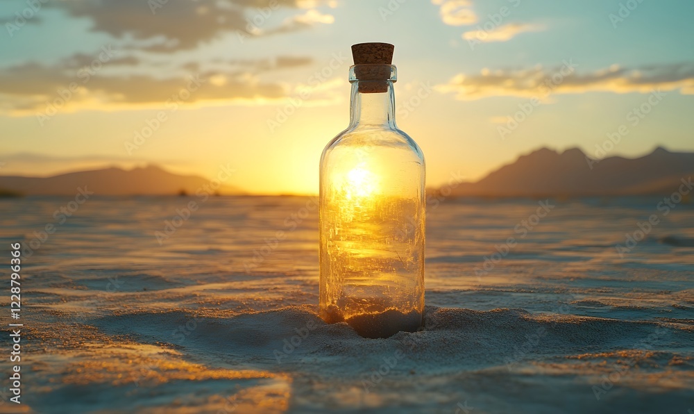 Transparent glass bottle buried in desert sand, Generative AI Transparent glass bottle buried in desert sand, Generative AI