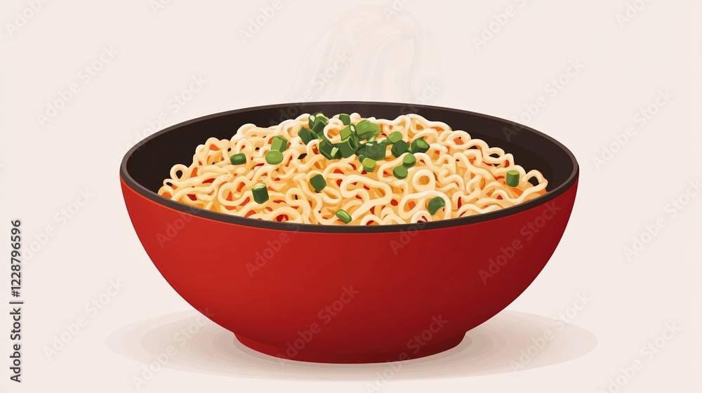 A steaming bowl of noodles garnished with fresh green onions. A steaming bowl of noodles garnished with fresh green onions.