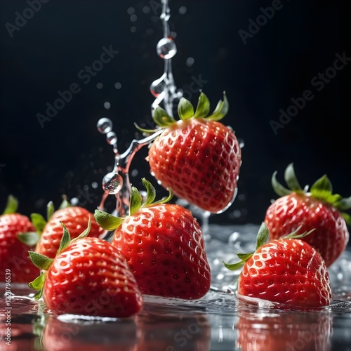 Juicy strawberries with water splashes and floating particles in a realistic style close-up
