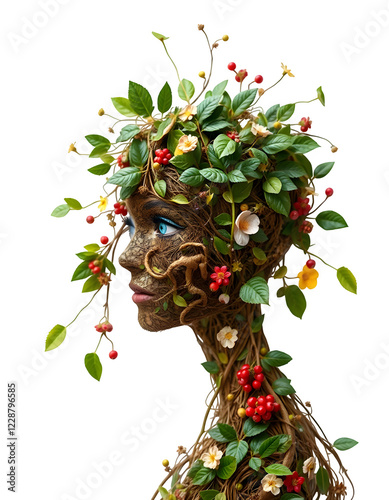 Mother Earth in the form of a woman's face made of leaves and flowers with blue human eyes on transparent background - environment, nature, sustainability, flora, planet, biodiversity

