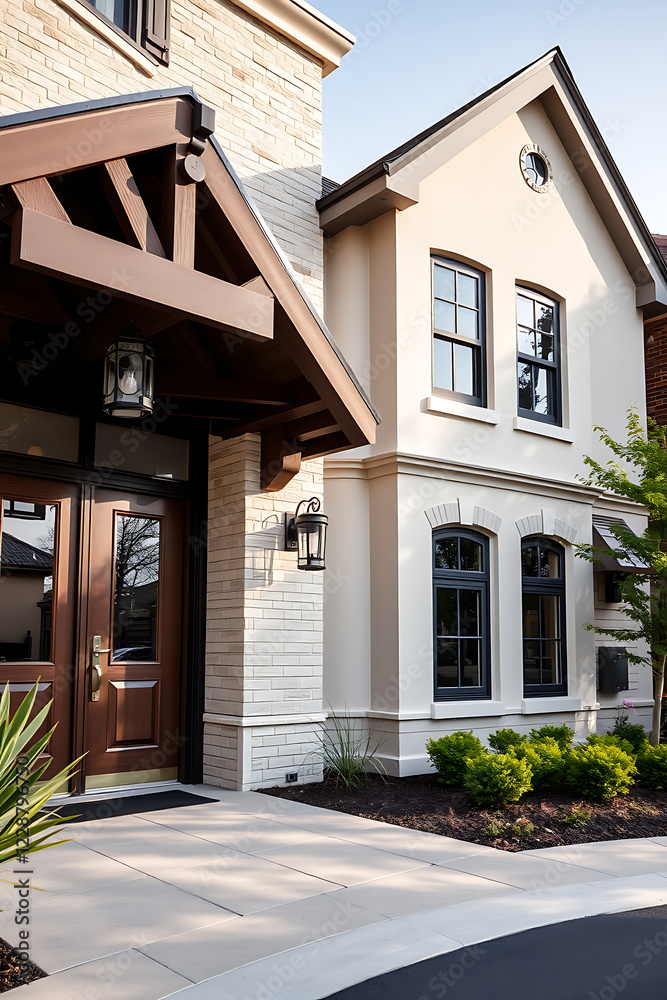 Obraz premium Luxury Home Exterior: Modern Brick House with Elegant Design and Landscaping