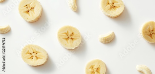 Sliced bananas arranged on a white background.