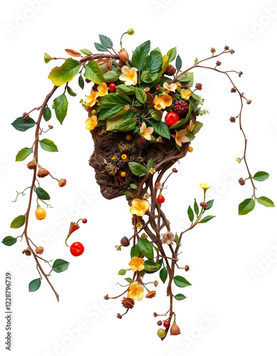Mother Earth in the form of a woman's face made of leaves, berries, vines, creepers and flowers on transparent background - environment, nature, sustainability, flora, planet, biodiversity

