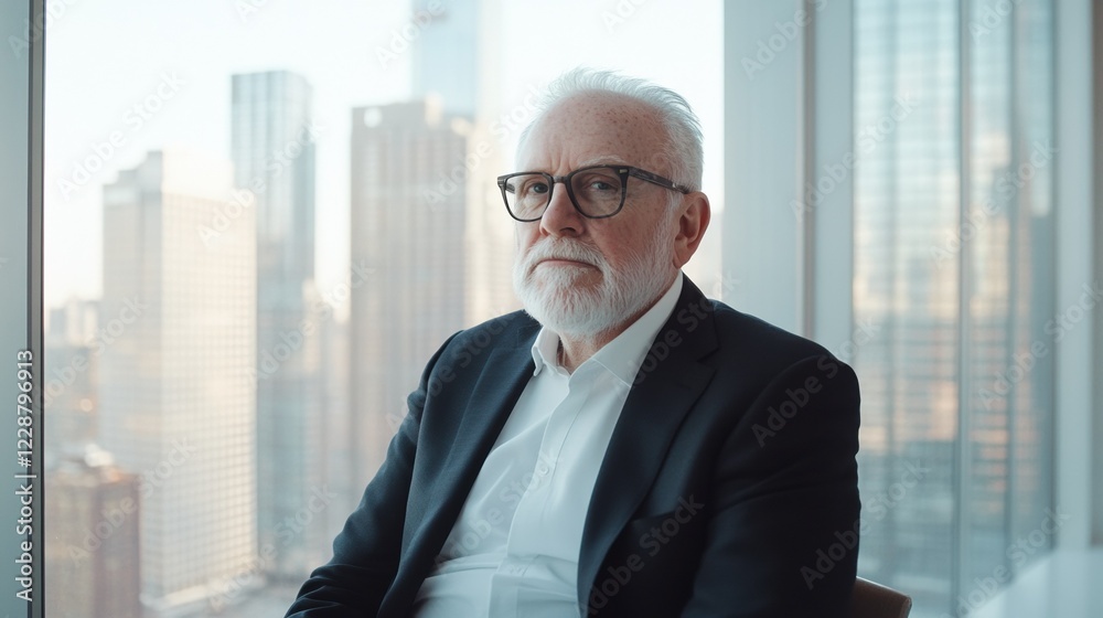 A thoughtful older man in formal attire sits by a large window with a city view. A thoughtful older man in formal attire sits by a large window with a city view.