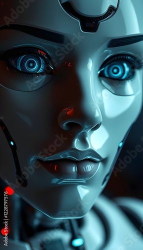 Close up of AI robot face with detailed mechanical lips and holographic eye reflection - artificial intelligence, virtual reality, sci-fi

