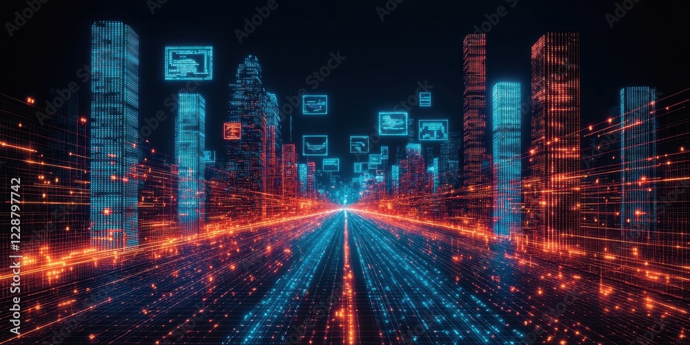 Obraz premium Futuristic cityscape with digital elements and data streams.