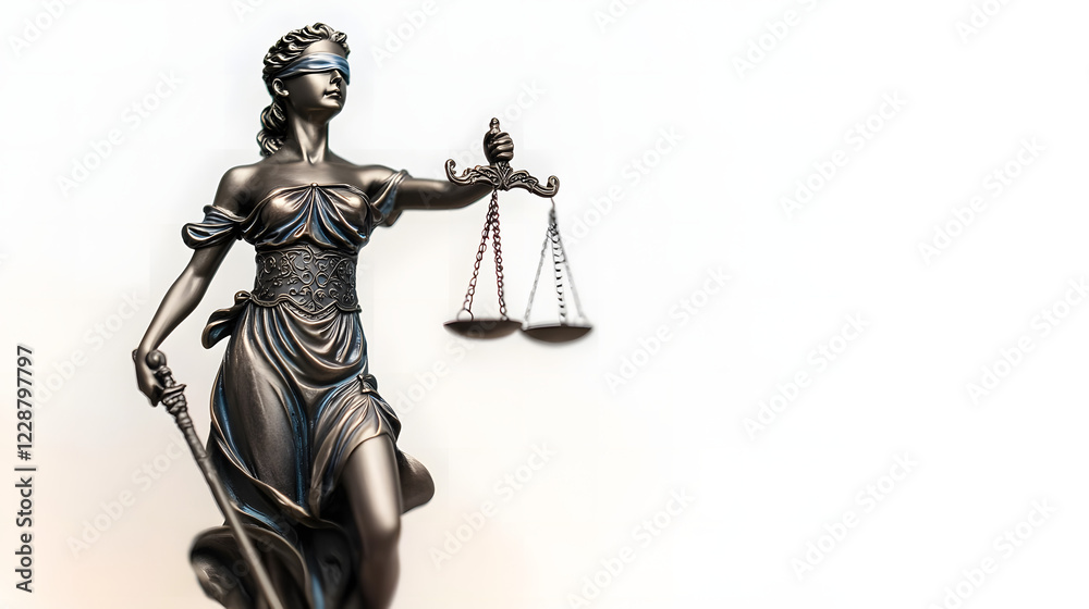 Fototapeta premium Statue of lady justice on bright background - Side view with copy space.