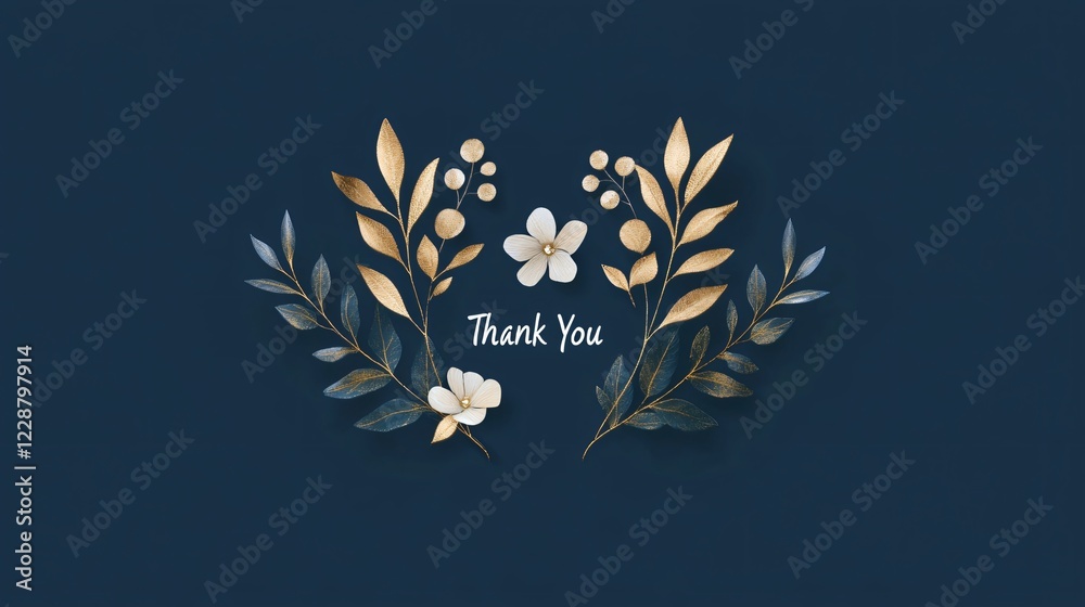 Fototapeta premium Elegant Dark Blue Thank You Card with Gold Leaf Accents Digital Design Floral Elements Modern Aesthetic