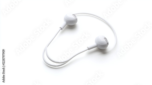 A single pair of wired earphones, neatly coiled, isolated on a completely white background. photo