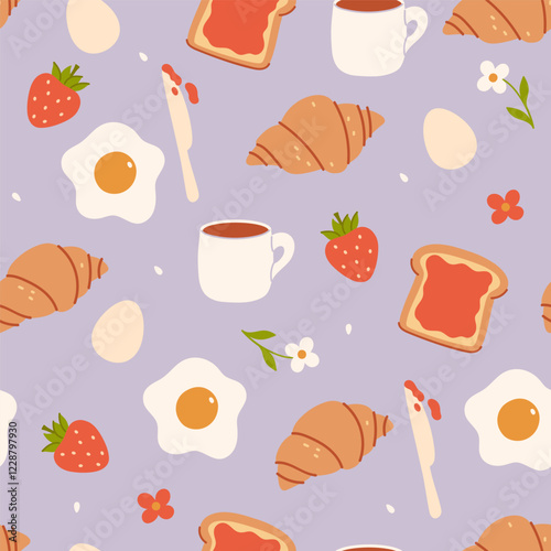 Seamless pattern with eggs, croissants, strawberries. Vector graphics.