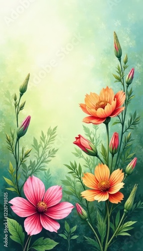 Vibrant watercolor wildflowers, lush greenery , meadow, illustration
