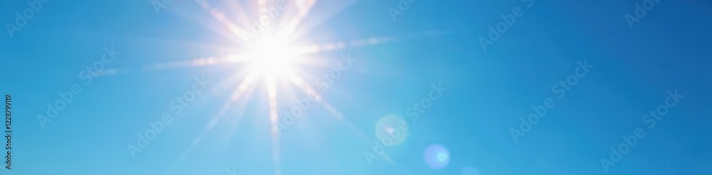 Intense sunlight, starburst lens flare, azure sky, sunburst, sun, illumination Intense sunlight, starburst lens flare, azure sky, sunburst, sun, illumination