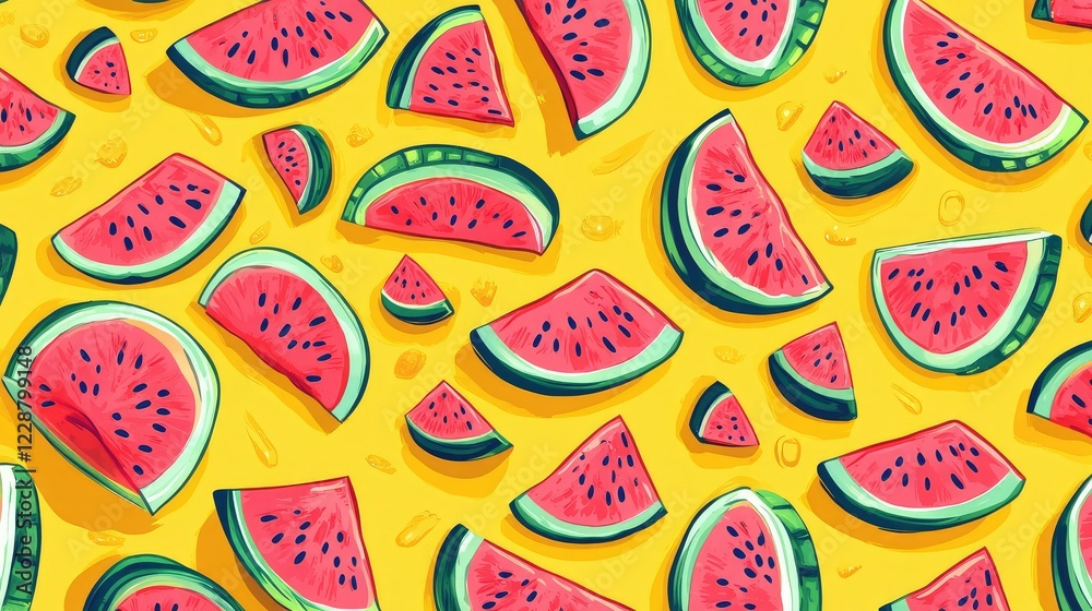 Vibrant and Playful Watermelon Slices on a Bright Yellow Background, Perfect for Summer Themes, Food Fun, and Refreshing Designs Enthusiasts Vibrant and Playful Watermelon Slices on a Bright Yellow Background, Perfect for Summer Themes, Food Fun, and Refreshing Designs Enthusiasts