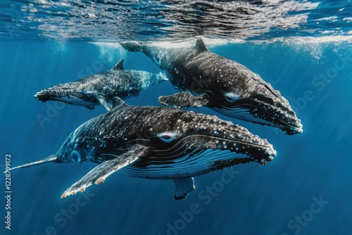 Three humpback whales swimming gracefully in clear blue ocean waters.