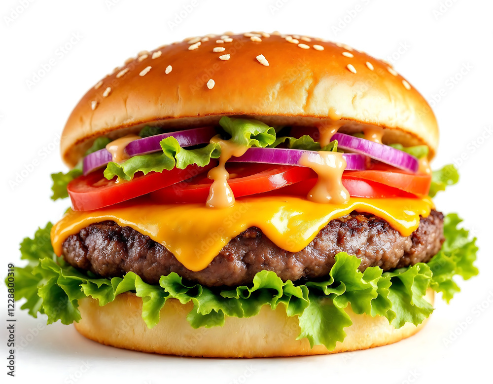High-quality gourmet burger with melted cheddar, fresh lettuce, and a golden brioche bun, isolated on white. Perfect for food branding, packaging, menus, and advertisements. High-quality gourmet burger with melted cheddar, fresh lettuce, and a golden brioche bun, isolated on white. Perfect for food branding, packaging, menus, and advertisements.