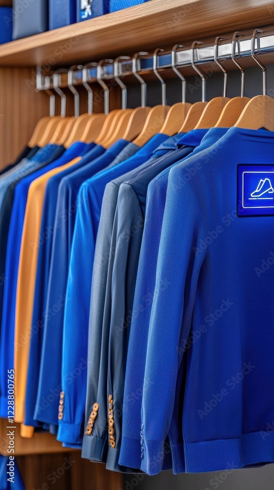 Obraz premium Stylish blue blazers hanging neatly in a modern wardrobe.