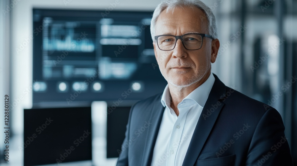 Confident businessman in modern office with advanced technology background. Confident businessman in modern office with advanced technology background.