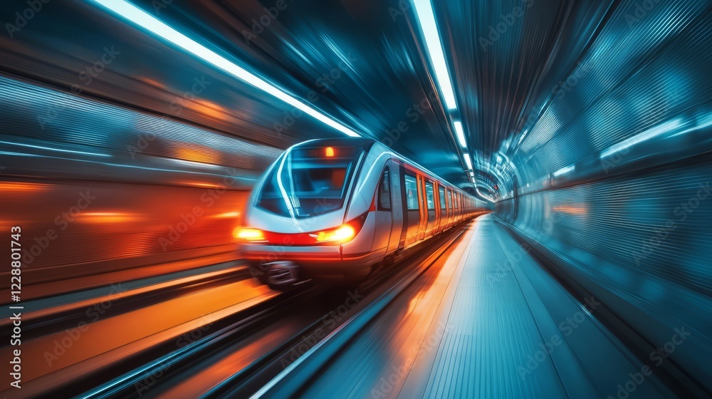 Subway train in motion, glowing tunnel lights, fast-moving urban scene Subway train in motion, glowing tunnel lights, fast-moving urban scene