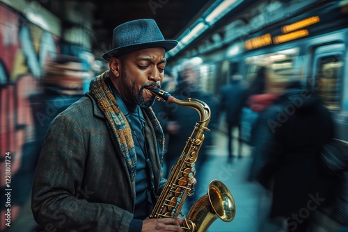 A Black man with short hair and a goatee plays a saxophone in a subway station. photo