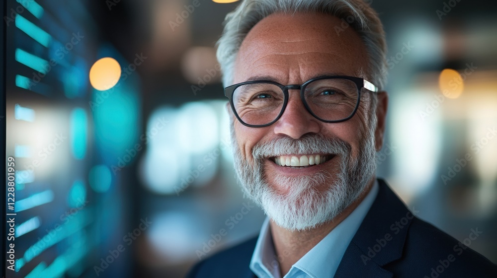 Fototapeta premium Confident businessman smiling in a modern office environment.
