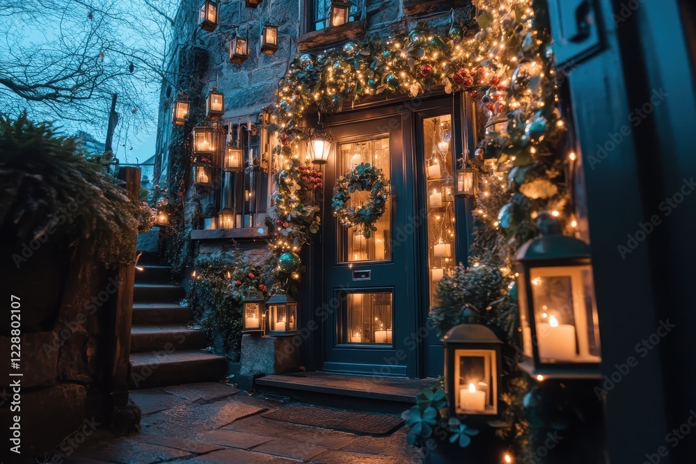 Fototapeta premium Enchanted Christmas Eve at a Cozy Stone House Decorated with Numerous Lanterns and Festive Lights.