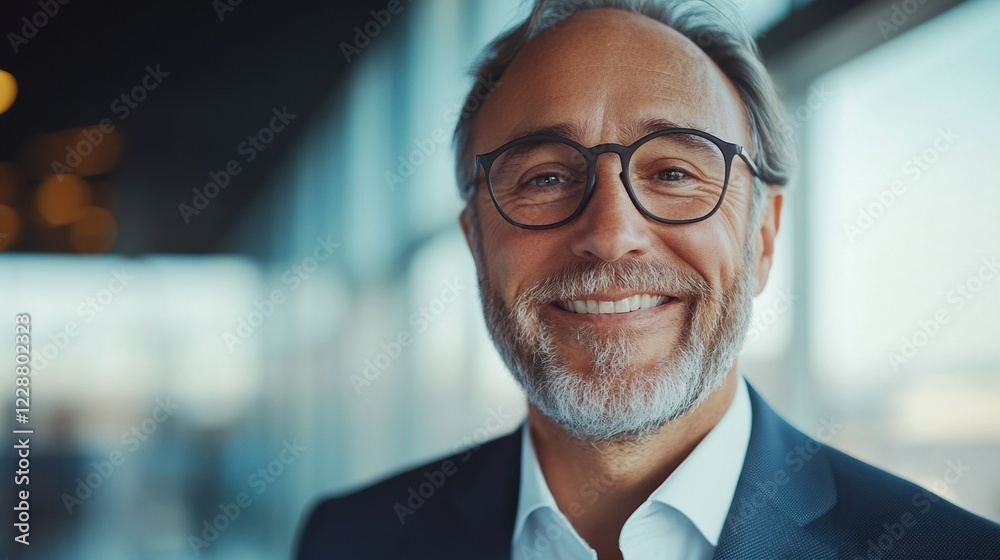 Naklejka premium Confident businessman smiling in a modern office environment with natural light.