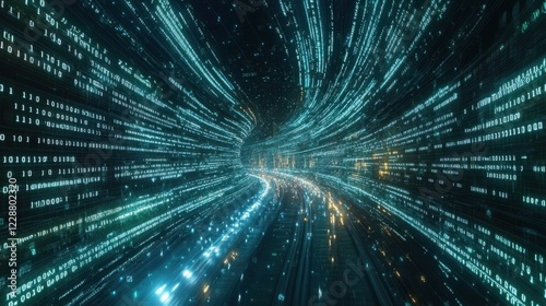 Wallpaper Mural A digital tunnel of flowing data represented by binary code and glowing lights. Torontodigital.ca