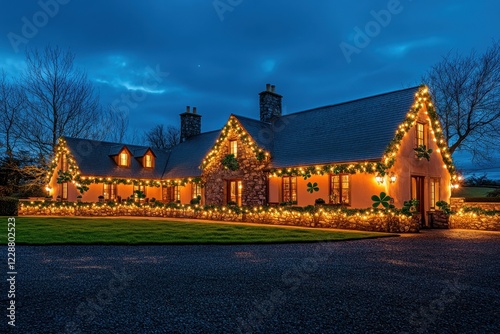 Irish Country House Illuminated at Night with Festive Lights and Shamrocks.