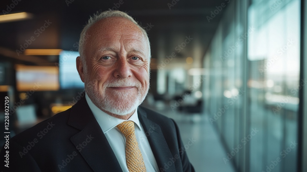 Confident businessman smiling in modern office setting with large windows. Confident businessman smiling in modern office setting with large windows.