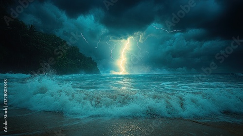 Tropical storm lightning beach waves ocean photo