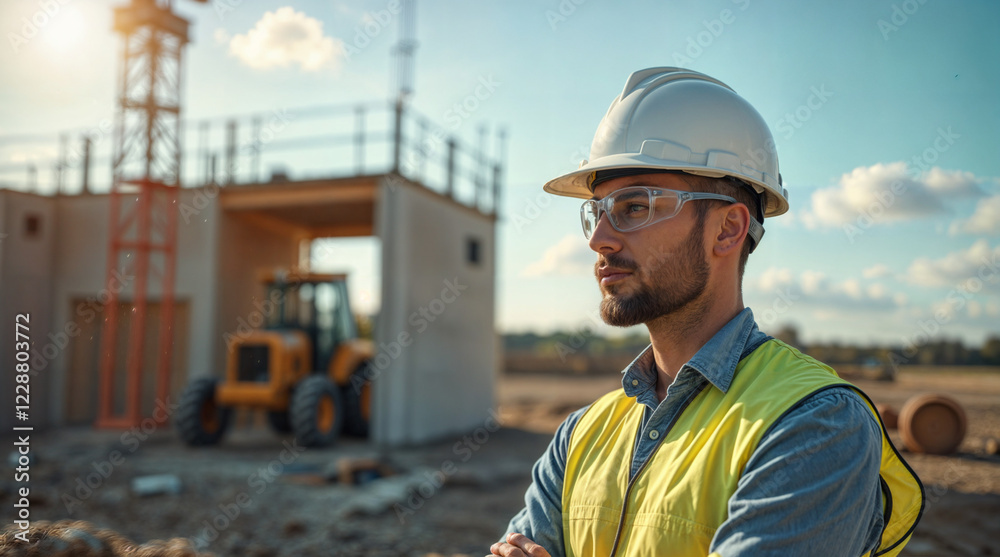 builder engineer in helmet on construction site background . Generative AI builder engineer in helmet on construction site background . Generative AI
