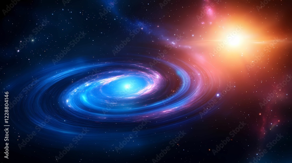 Fototapeta premium A vibrant galaxy spirals through a starry backdrop, illuminated by a bright sun, showcasing the beauty of the cosmos.