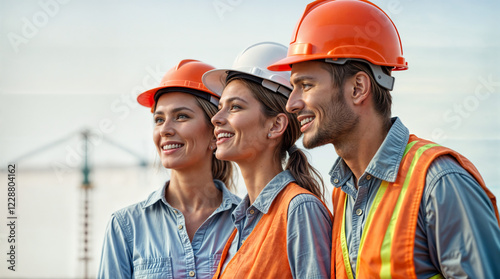  group of builders engineers on light background with construction drawings, ideal for advertising or banner. Generative AI