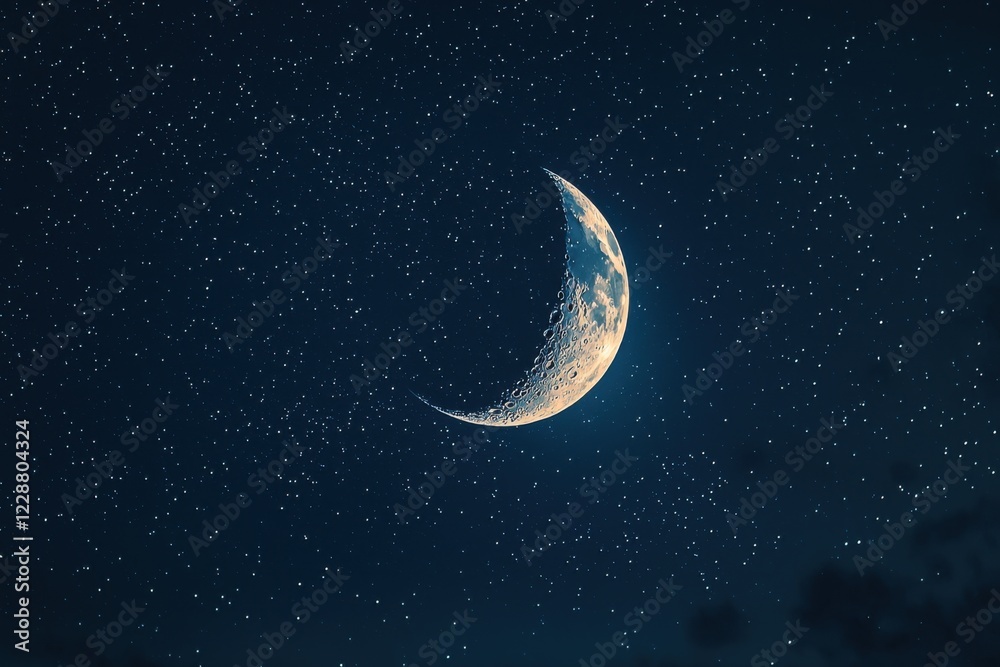 Blurry night sky background with faint stars and a crescent moon Blurry night sky background with faint stars and a crescent moon