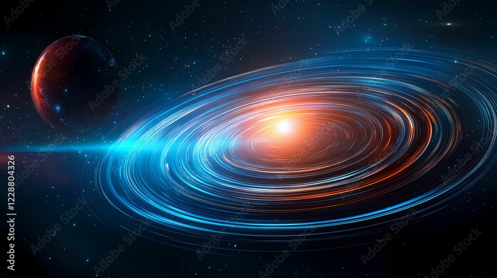 Fototapeta premium A vibrant depiction of a swirling galaxy with bright spirals, set against a backdrop of stars and a nearby planet.