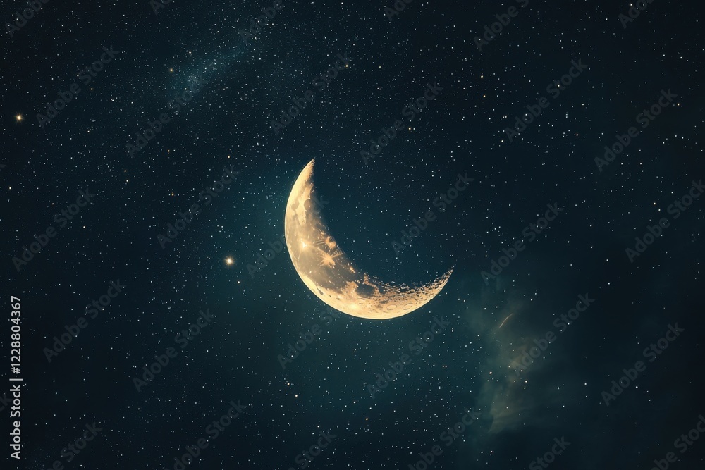 Blurry night sky background with faint stars and a crescent moon Blurry night sky background with faint stars and a crescent moon