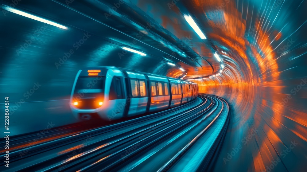 Fototapeta premium Fast subway train motion blur photography, glowing tunnel lights 