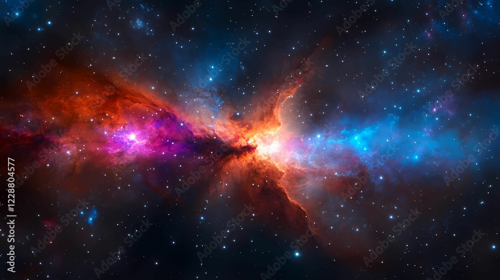 Fototapeta premium A vibrant cosmic scene with swirling colors of purple, blue, and orange, depicting a nebula in the vastness of space.