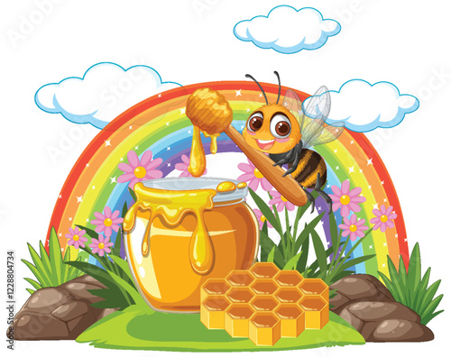 Cheerful Bee with Honey and Rainbow