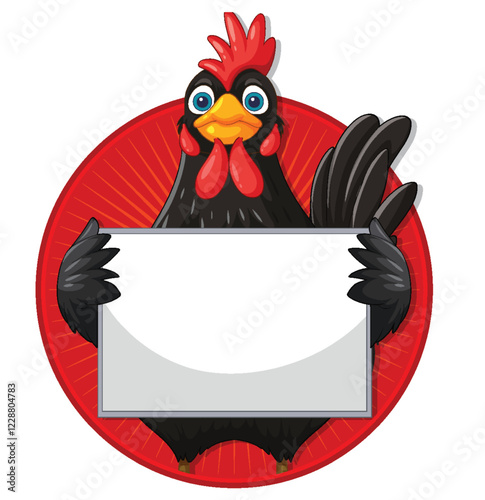 Cheerful Rooster Holding Blank Sign